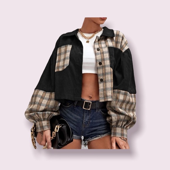 Shein Brown Tartan Panel Corduroy Crop 